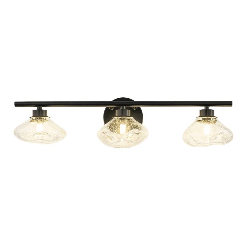 3-Light 24.4" Modern Black/Gold Bathroom Vanity Light with Stone-Shaped Seed Glass Shades