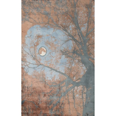 Hand Knotted Oriental Viscose Silk Carpet Modern Pictorial Brown Abstract Area Rug - 7' 10'' X 5' 8''