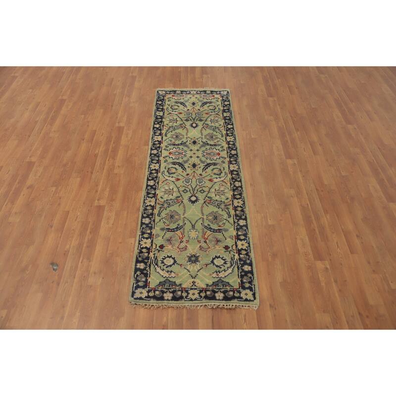 Hand-knotted Transitional Wool Carpet Green Oushak Rug Oriental Carpet Floral Area Rug Oriental Carpet - 8' 0'' X 2' 7''
