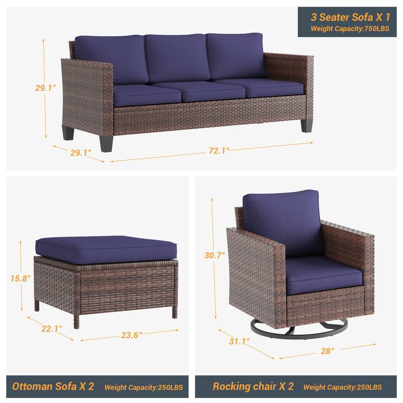 LIVOOSUN 5Pcs Patio Brown Rattan Outdoor Furniture Swivel Rocking Sofa Set