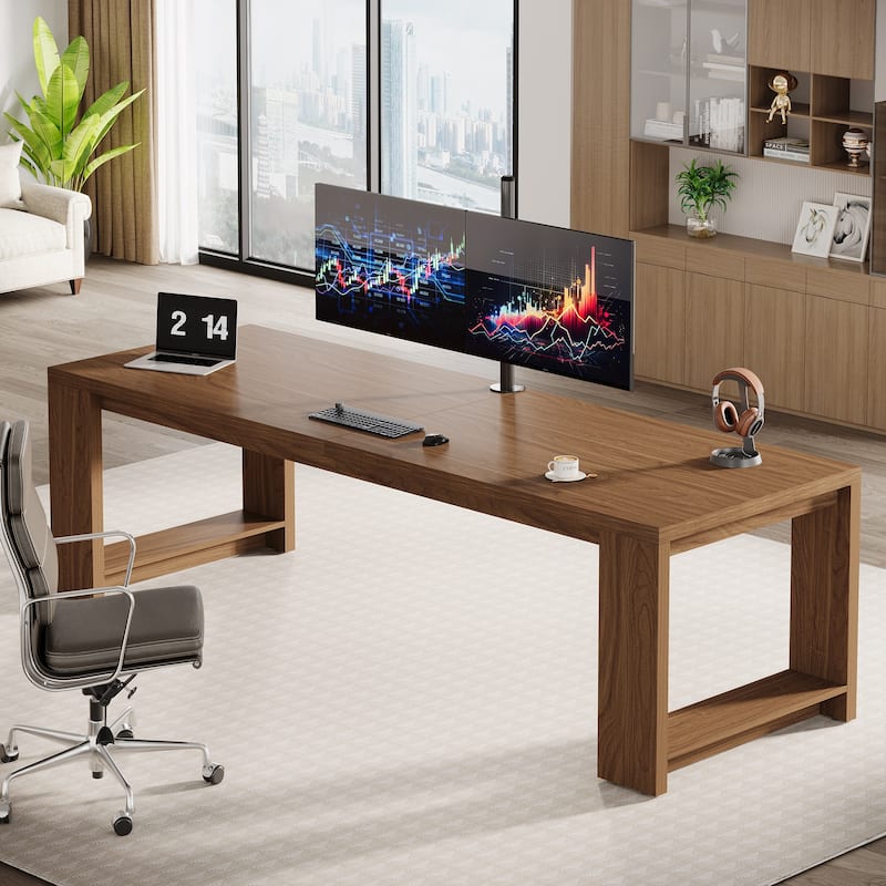 2 Person Desk, 86'' Extra Long Desk, Double Computer Desk Workstation - Walnut Brown