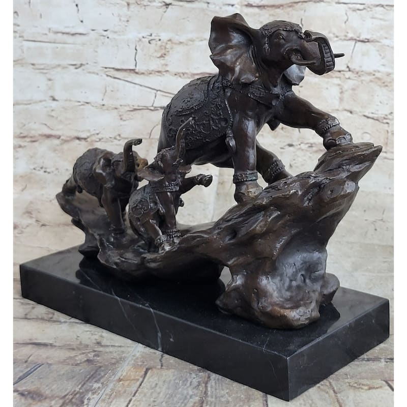Signed Bologna Indian Mother Elephant And Calves Bronze Sculpture Home Decor Art
