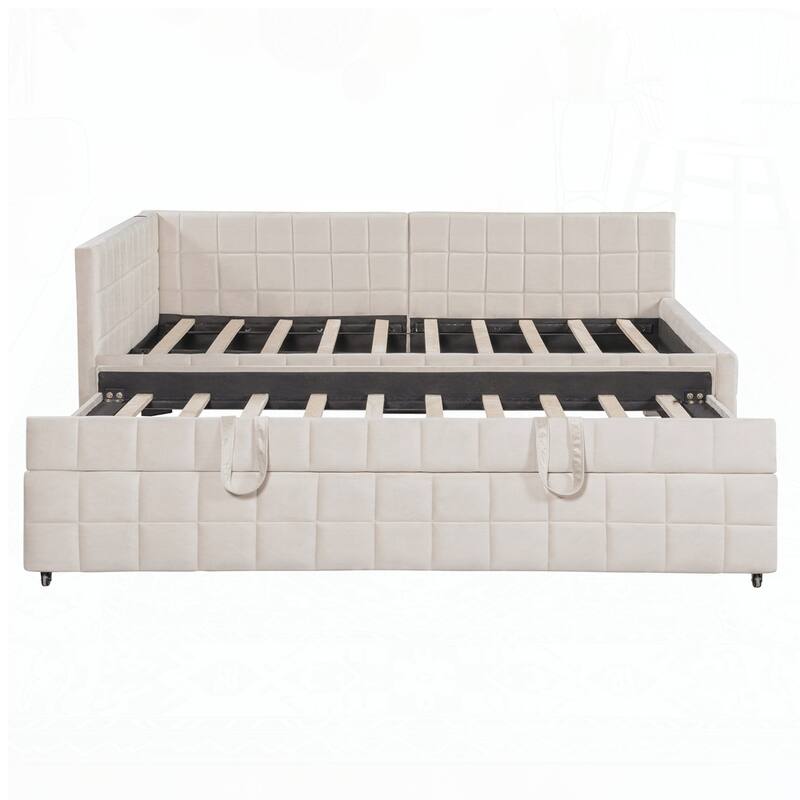 Upholstered L-Shaped Upholstered Daybed with Twin Size Pop Up Trundle and USB ports
