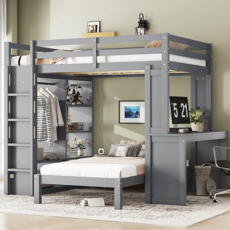 Full Over Twin Bunk Bed with Built-in Desk, Shelves and Wardrobe, Wood Bunk Bed Frame with Platform Bed and Loft Bed