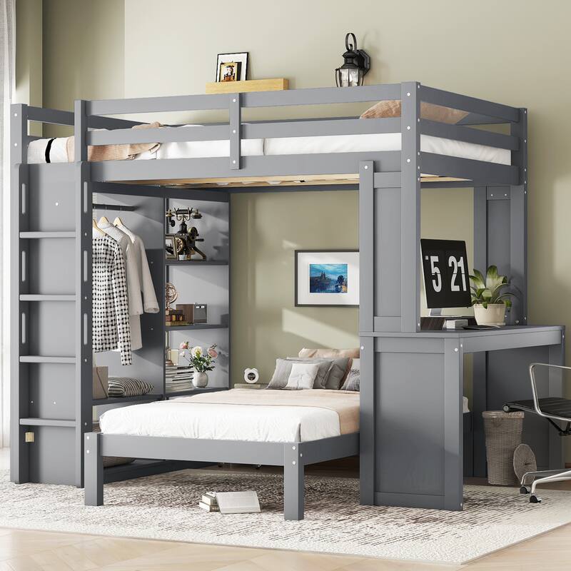 Solid Wood Bunk Bed with Built In Desk, Shelves and Wardrobe, Can be Converted into Loft Bed and Platform Bed