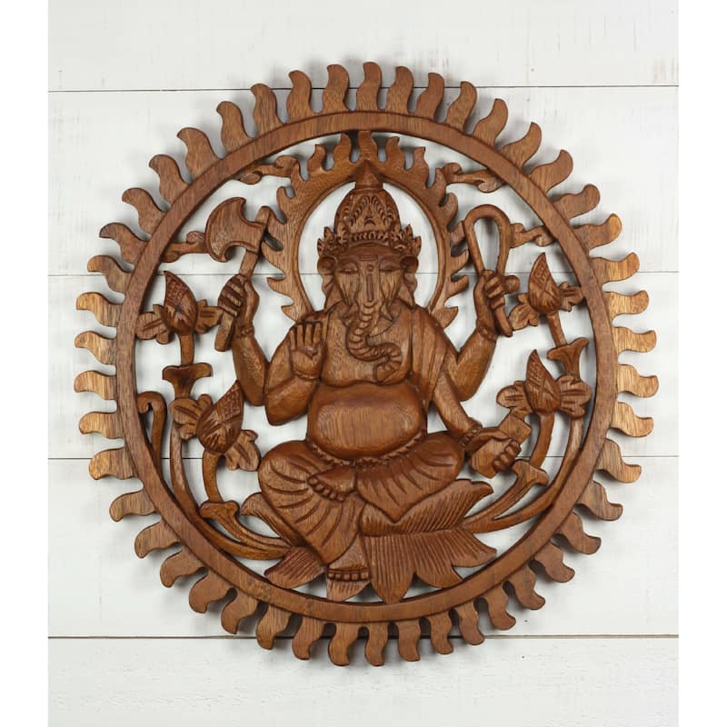 Hand Carved Wooden Ganesha Wall Panel Hindu Elephant God Art, Lotus Floral Mandala - Ganesha Sunburst