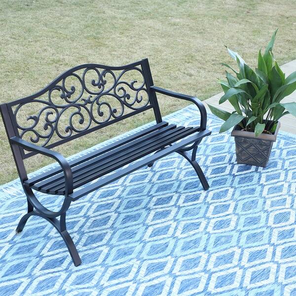 slide 9 of 8, PHI VILLA Garden Bench Black Cast Iron Steel Frame 50 Inch Classic Flower Pattern - N/A Black