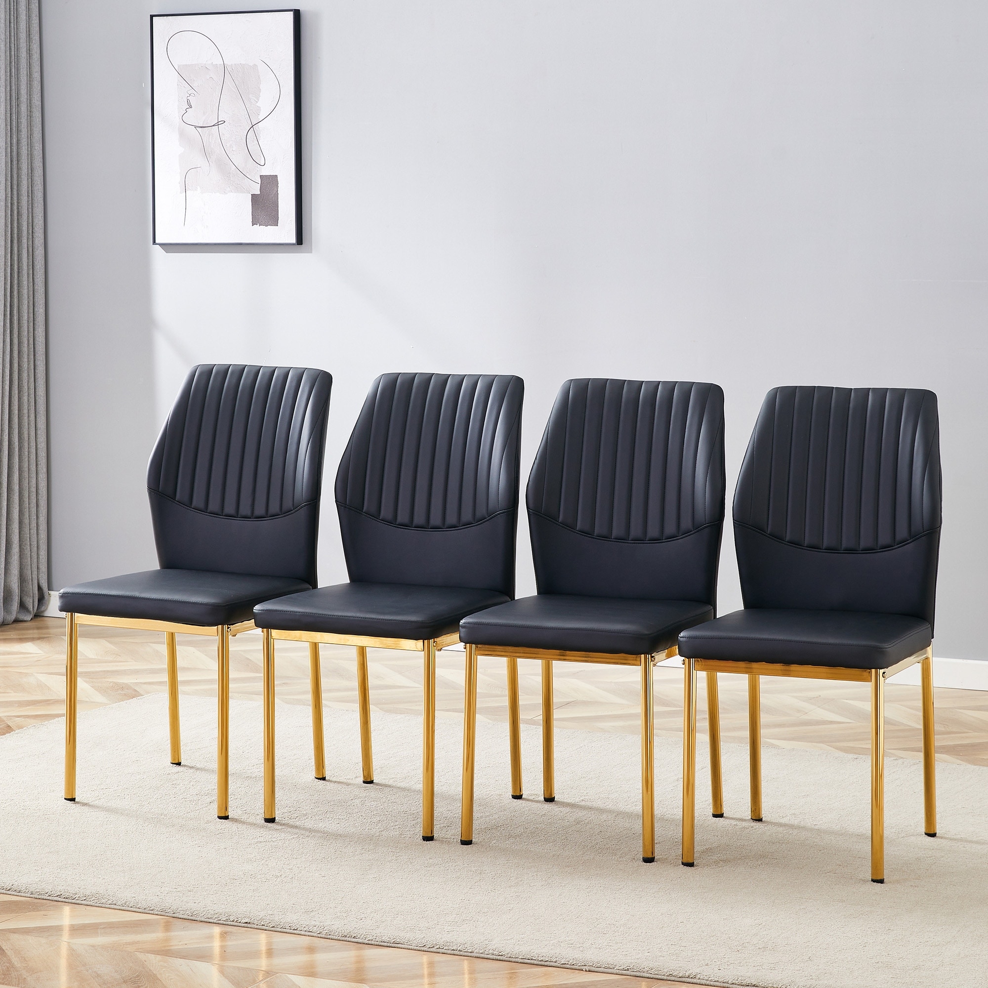 Luxury Simple Chair-Set Of 4 Pu Material Dining Chair With Metal Leg.The Chair Back Has A Vertical Stripe Design