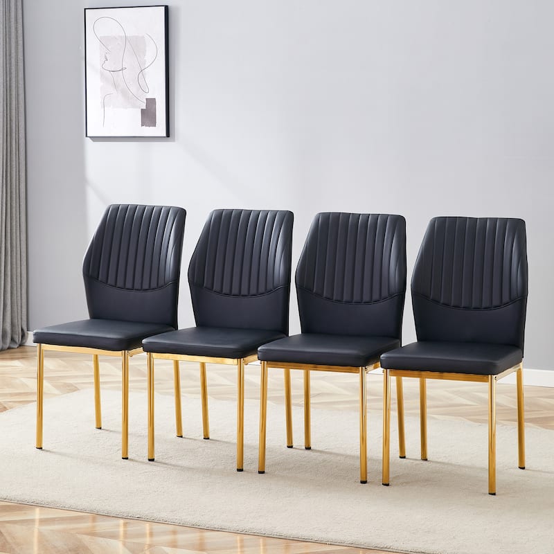 Roomfitters PU Dining Chairs with Gold Metal Legs, Vertical Stripe Back, High Resilience Upholstered Set of 4 - Black+Gold