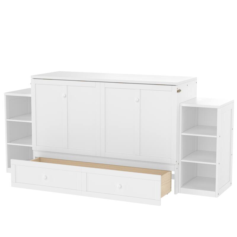 Roomfitters Murphy Bed with Storage Drawers and Shelves, Solid Wood Wall Bed Cabinet
