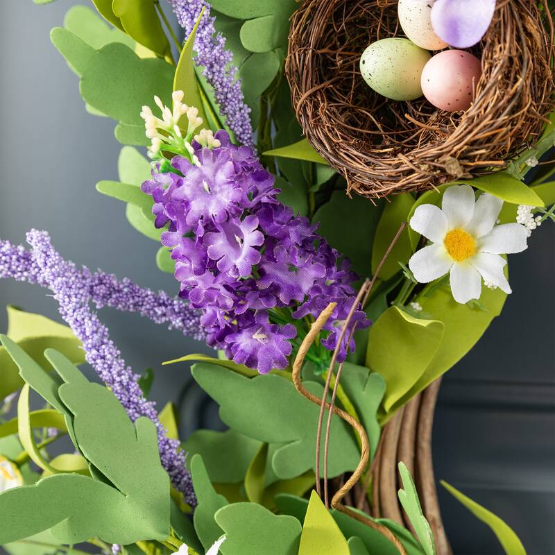 Glitzhome Easter Wreath with Eggs Lavender Bird Nest for Front Door Wall Window Holiday Decoration