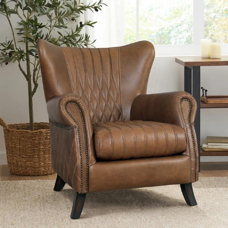 Pasargad Home Harrison Top Grain Leather Wing Chair, Brown - W31"xD27"xH33"