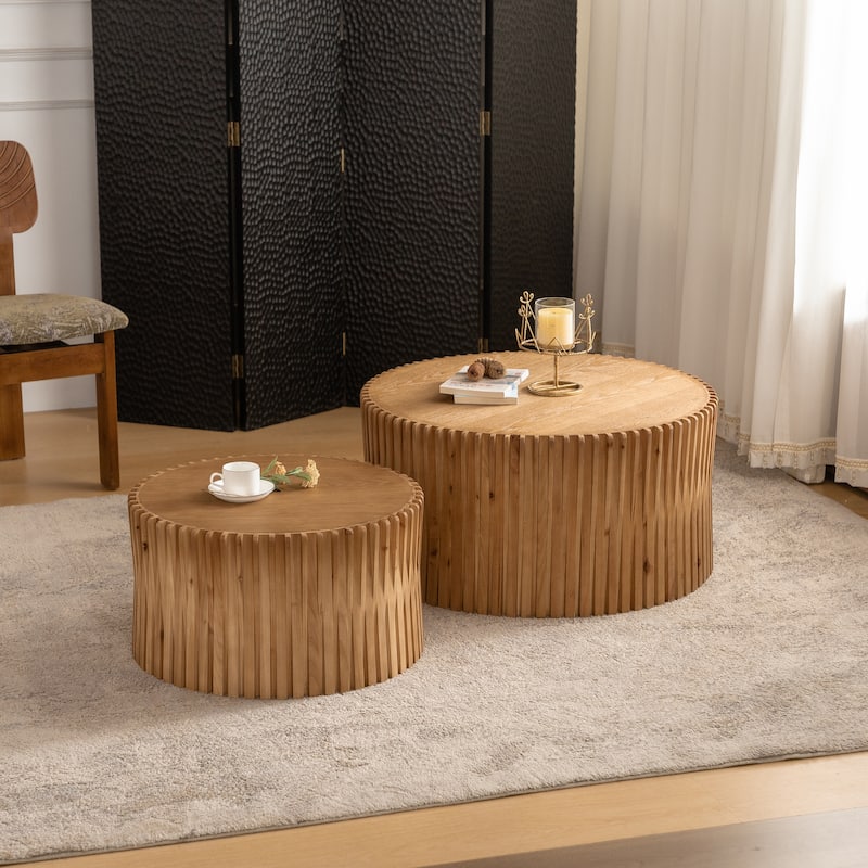 GDFStudio Kaelvin Vintage Round Nesting Coffee Table Set with Fir Wood Relief - Natural
