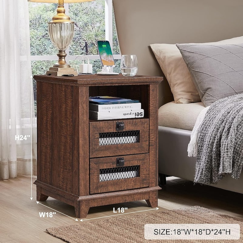 Farmhouse Nightstand with Charging Station, End Table, Side Table