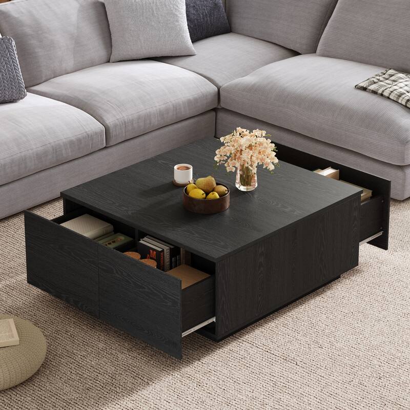 Roomfitters Square Coffee Table, Modern Wood Center Table with 4 Storage Compartments for Living Room - Black
