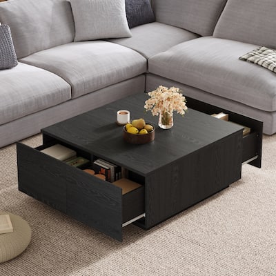 Wood Coffee Table Office Table with Four Storage Drawers, Dining Table Accent Table with Compact Square Design