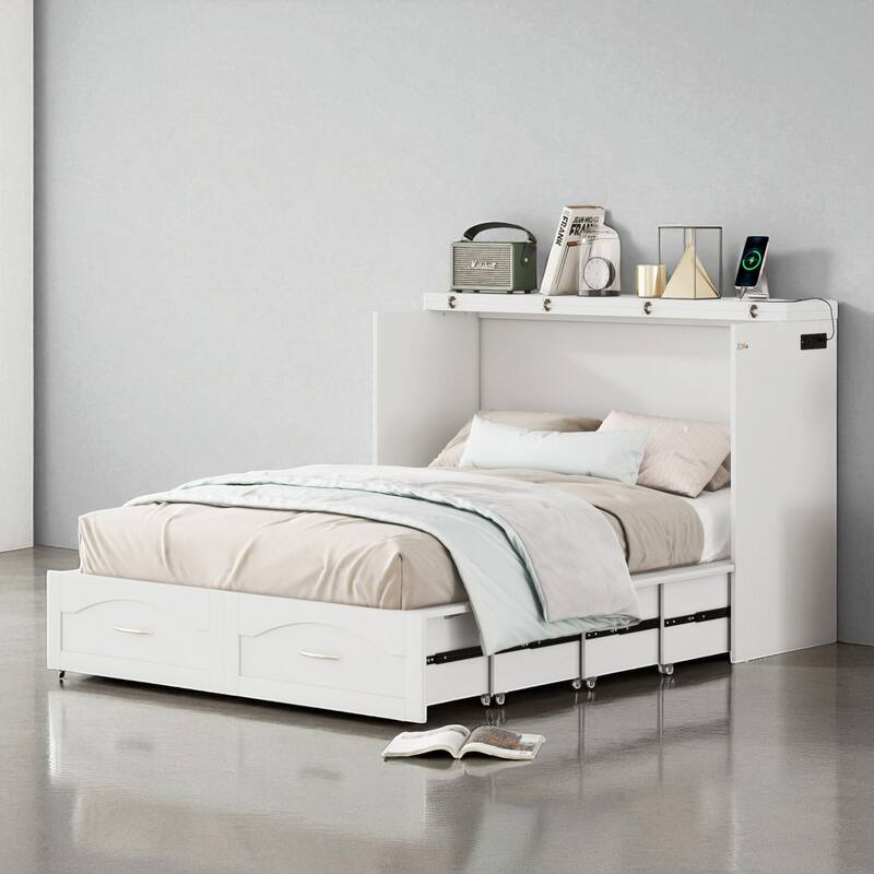 Full/Queen Size Murphy Wall Bed with USB Ports, Power Outlets, Drawers, Pulley System and Foldable Cabinet Design