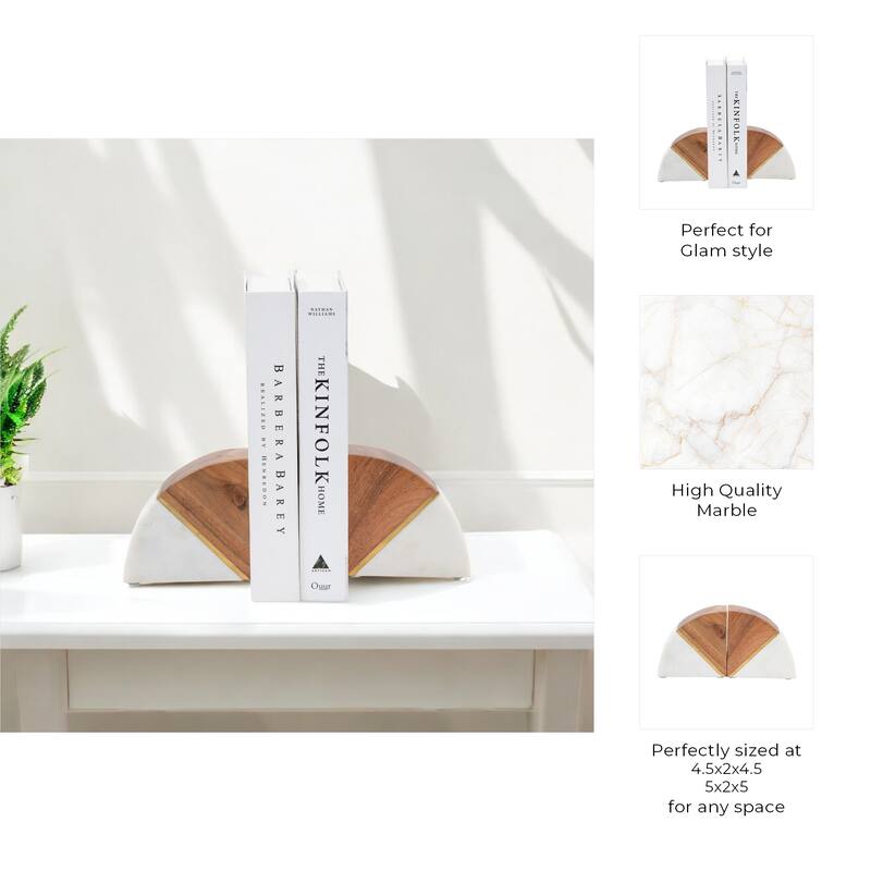 Decorative Wood and Marble Bookends - 5", White & Brown - 4.5"