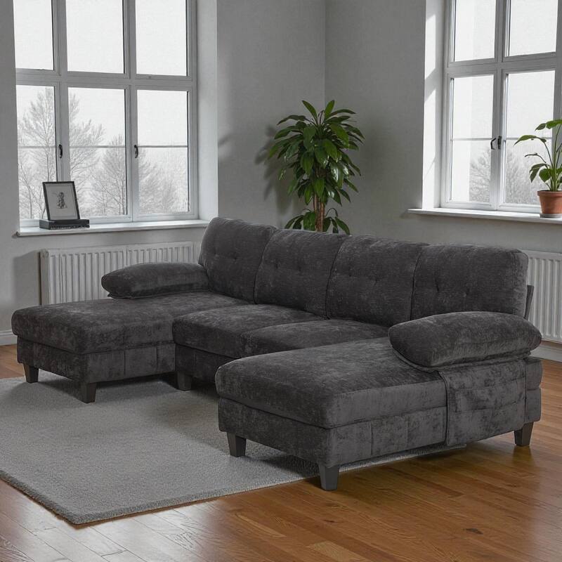 103.5" U-Shaped Sectional Sofa with Dual Chaise Lounges, Chenille Upholstery, Storage Pockets and Armrest Pillows