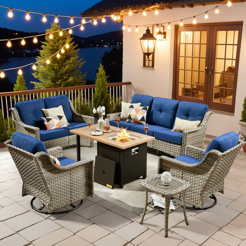 XIZZI 6-Piece Outdoor High-back Furniture Swivel Chair Set - Navy Blue