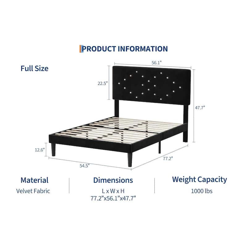 Velvet Upholstered Bed Frame, Vertical Channel Tufted & Sturdy Wood Slats
