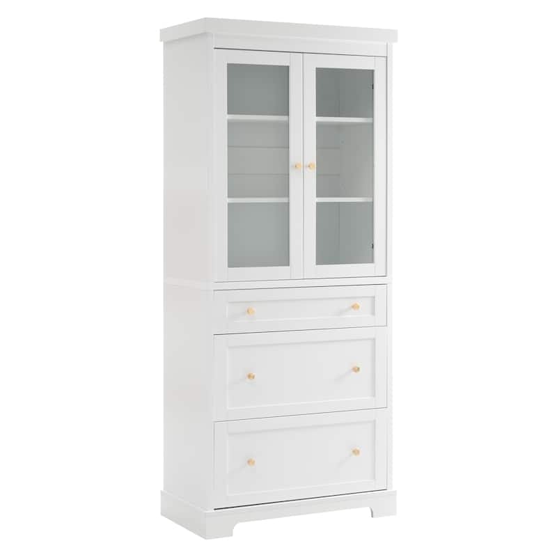 70.1" Modern High Freestanding Tall Bathroom Cabinet with 2 Adjustable Shelves, 3 Drawers, Soft Close Glass Doors