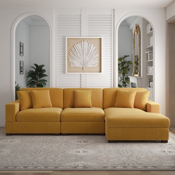 slide 2 of 134, 118" W Corduroy L-shape Modular Sectional Sofa with Pillows