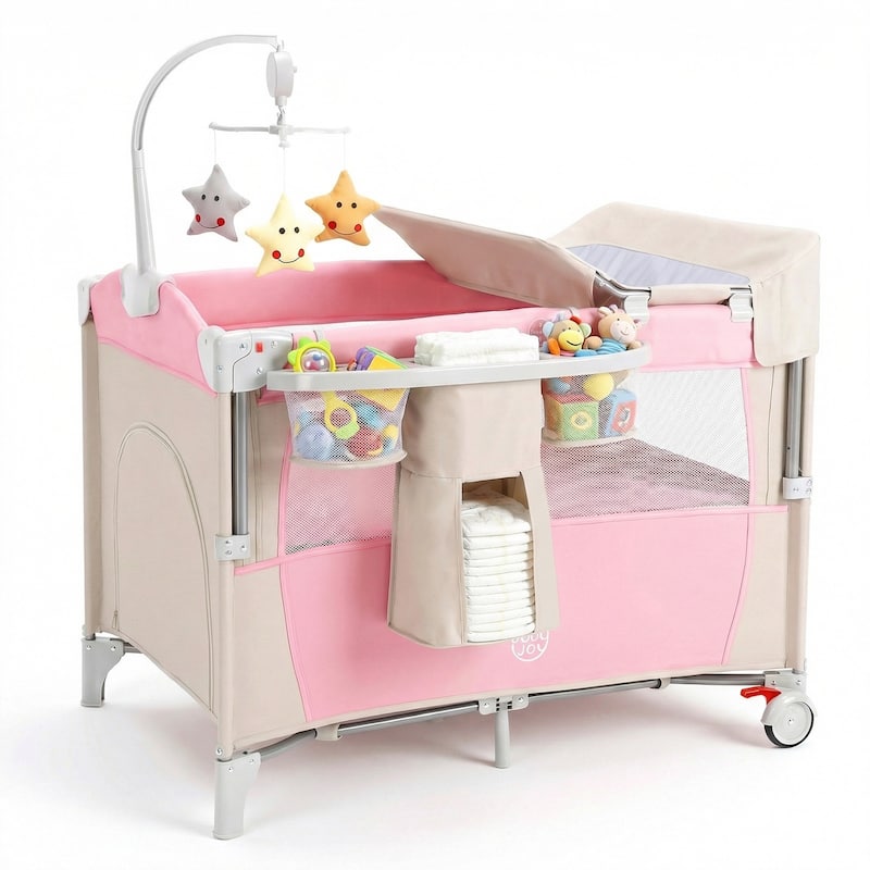 Gymax 5 in 1 Pack & Play w/Diaper Changer Cozy Mattress Lockable - Pink