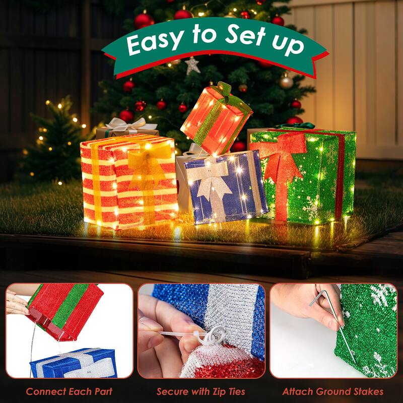 Gymax 48'' Lighted Stacked Gift Boxes Light up Box Tower Christmas - Multi-colors - See Details
