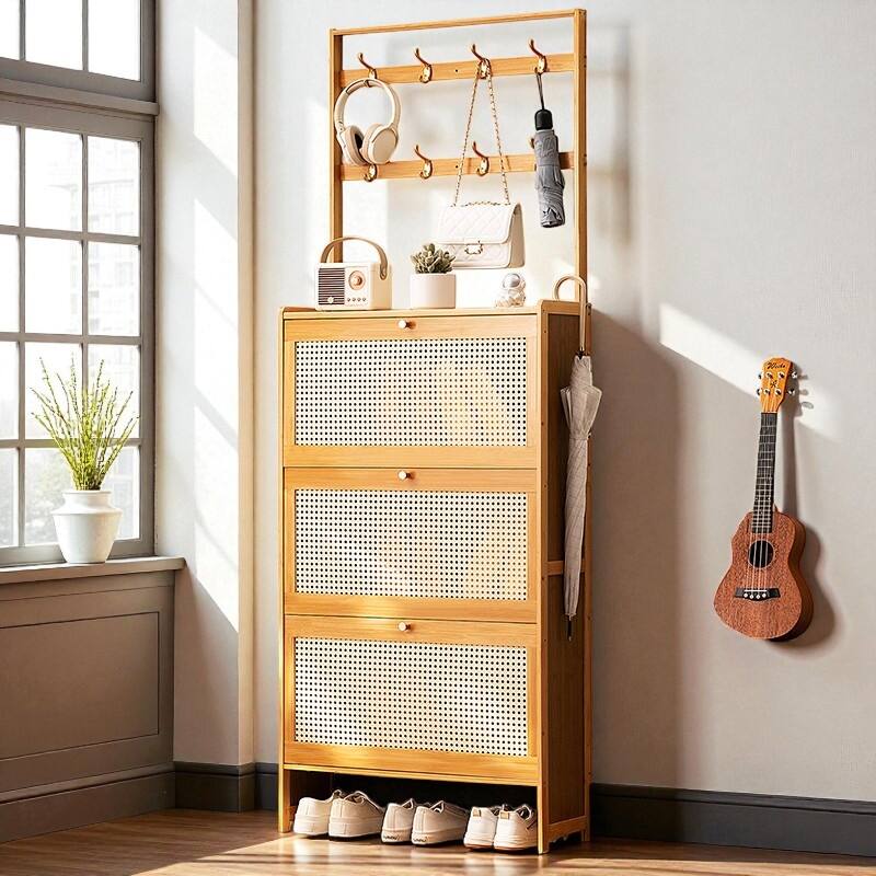 Modern Bamboo Shoe Cabinet with 3 Rattan Flip Drawers and Coat Hooks, Freestanding Shoe Storage for Entryway or Hallway - Natural