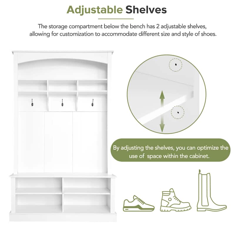 47.2 in Hall Tree with Bench & Shoe Storage, 3 Hooks, Adjustable Shelves, Modern Entryway Coat Rack 75.3 in H