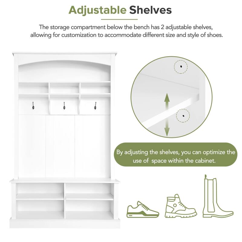 Rectangular Mudroom Hall Tree Storage Bench with Shoe Storage, Stylish Coat Rack Bench with Open Shelves for Entryway