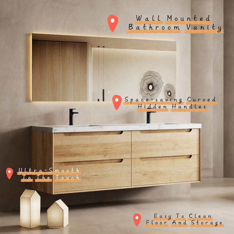Prismis 60" 72" 84" Wall-Mount Premium Bathroom Vanity with Quartz Top