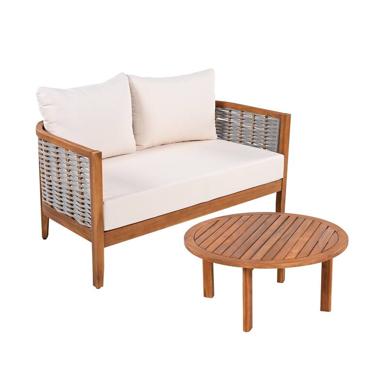 Christopher Knight Home - Aurelia Acacia Wood Outdoor Tub Design Loveseat with Woven Rope and Table Set
