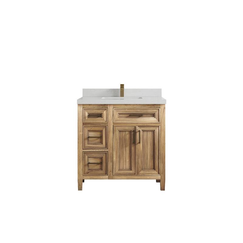 Willow Collections 36 in. W x 22 in. D Santa Monica Teak Bathroom Vanity Center with Countertop - 2" Carrara Quartz - Whitewashed Teak