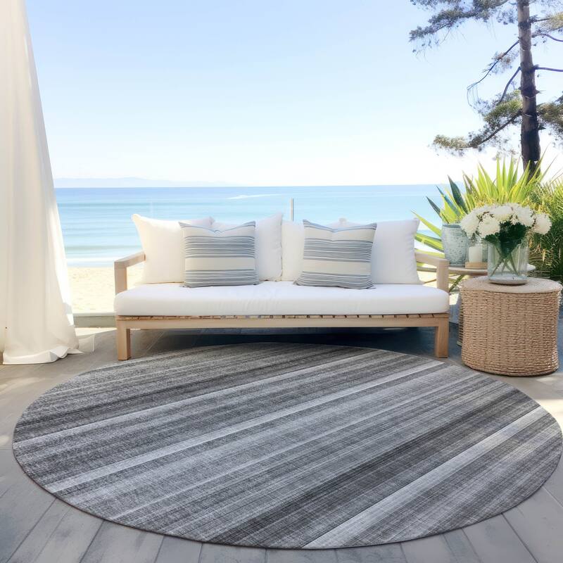 Machine Washable Indoor/ Outdoor Striped Chantille Rug - Gray - 8' x 8'