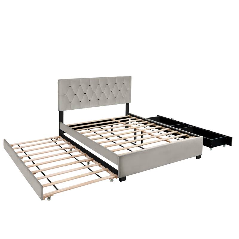 Modern Queen Upholstered Platform Bed with Gold Tufted Headboard, Pull-Out Trundle & 2 Storage Drawers, No Box Spring Needed