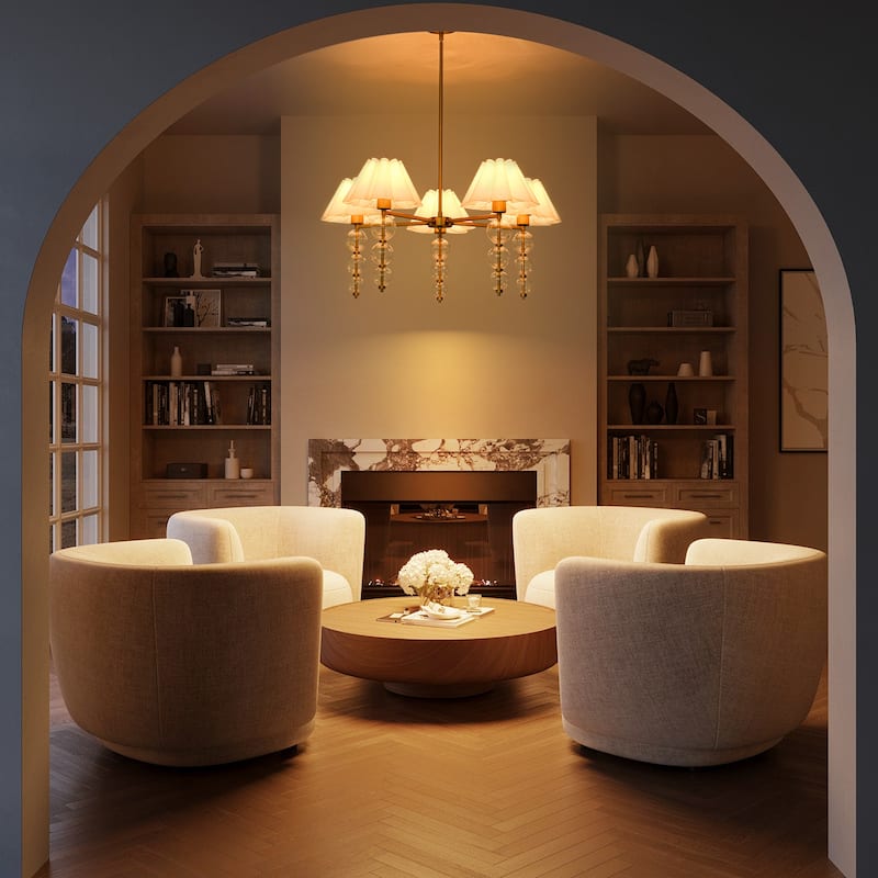 Rennnsan 5-Light 35 in. Transitional Gold Chandelier with Clear Glass Orbs and Fabric Shades - 34.6 in. Dia x 16.1 in. H