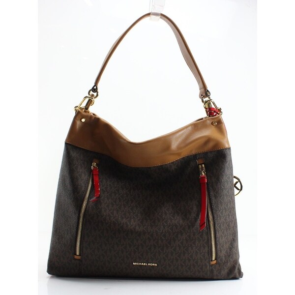 Michael Kors Brown Bright Red Pvc Signature Lex Hobo Purse Bag Michael Kors Brown Bright Red Pvc Signature Lex Hobo Purse Bag