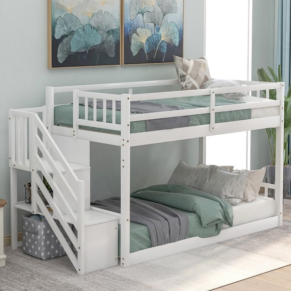 slide 2 of 12, Twin over Twin Floor Bunk Bed with 2 Ladders and Guardrails, White