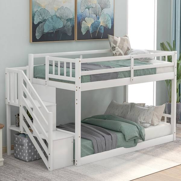 slide 2 of 12, Twin over Twin Floor Bunk Bed with Staircase and Storage Ladder ,Low Profile Design with Guardrails White