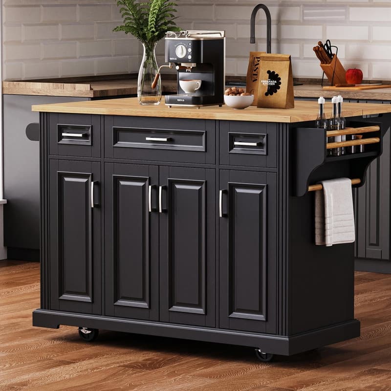 54" Rolling Kitchen Island Cart with Rubberwood Drop Leaf, 4 Doors & 3 Drawers