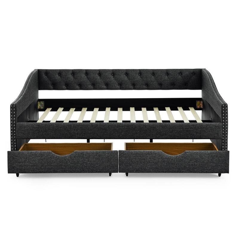 Full Daybed with Drawers,Linen Upholstered Bed with Button on Back and Copper Nail