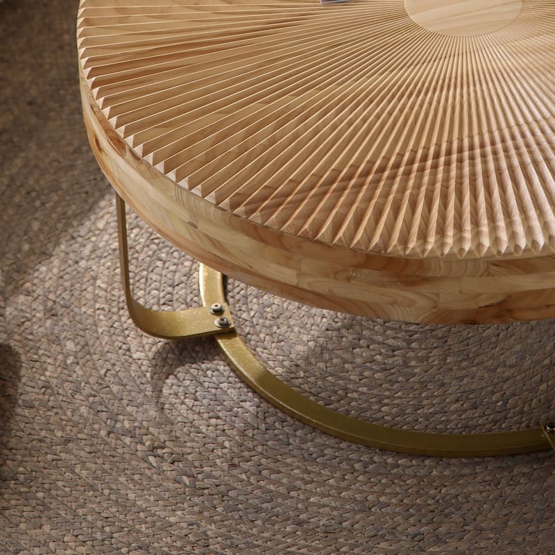 GDFStudio Calvion Round Pine Wood Coffee Table with Steel Frame and Carving Pattern