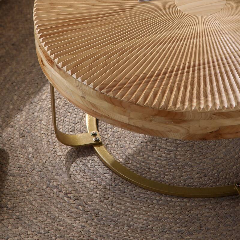 Modern Round Coffee Table Wooden Carving Pattern Coffee Table with Metal Legs, for Living Room Reception Room Office