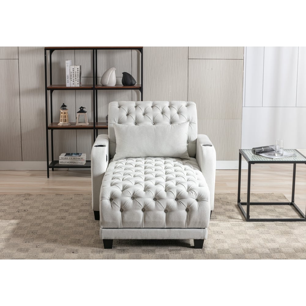 Linen Upholstered Multifunctional Tufted Wireless Charging Leisure Sleeper Armchair with 2 Cup Holders