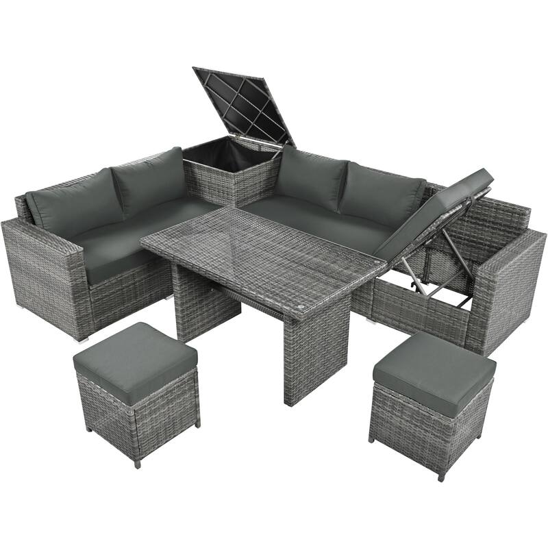 Outdoor 6-Piece Rattan Modular Sectional Sofa Set with Storage & Dining Table