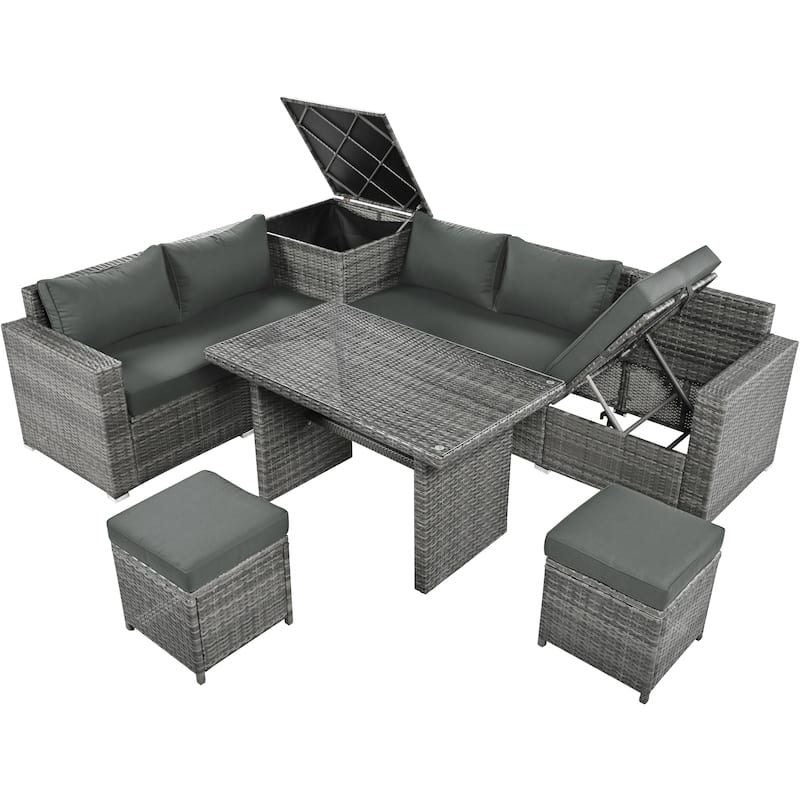 Roomfitters 6-Piece All-Weather PE Rattan Patio Sofa Set with Adjustable Seats, Storage Box and Glass Top Table