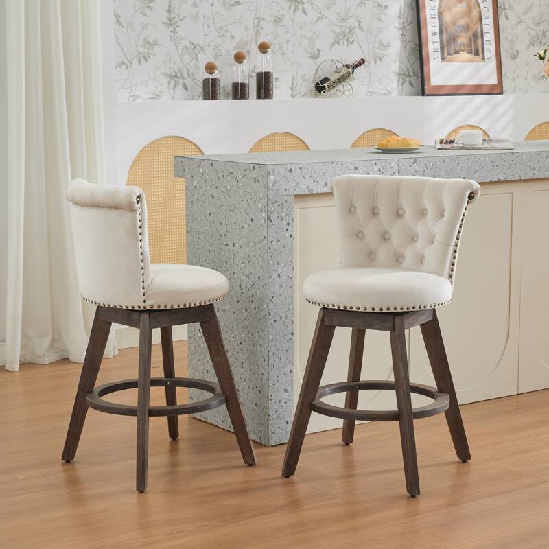 Velvet Upholstered Counter Height Bar Stools Set of 2, Tufted Button Swivel Bar Stools, Kitchen Counter Stools with Wood Legs