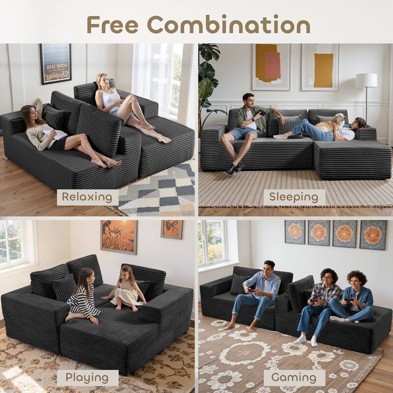 Meyreso No Assembly Required Long Plush L-Shaped Sectional Sofa with Square Nesting Coffee Tables